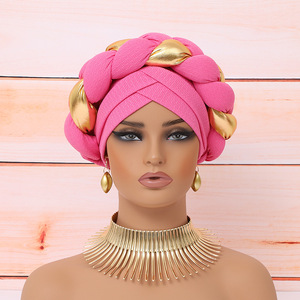 Foulard de tête <span class=keywords><strong>en</strong></span> <span class=keywords><strong>satin</strong></span> pour usage quotidien, élégant, à deux couleurs, tressé, avec effet superposé, accessoires pour <span class=keywords><strong>cheveux</strong></span>, turban pour femmes africaines - Product Image 3