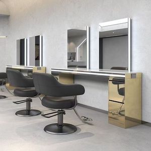Modern Stainless Steel Double Sided Salon <b>Workstation</b> with LED Light Mirror Station for Professional Hair Salons - Product Image 4