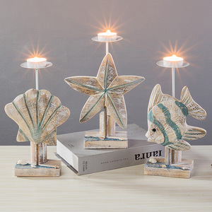 Candelabro de Madera Estilo Mediterráneo con Decoración de Estrella de Mar, Concha y Pescado, Decoración para el Hogar, Material de Pino - Product Image 1