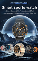 Reloj Inteligente Deportivo para Exteriores con Envío Rápido, Pantalla Redonda de 1.43 Pulgadas, Batería de 400 mAh, Monitorización de Salud, Frecuencia Cardíaca, Presión Arterial, Resistente al Agua