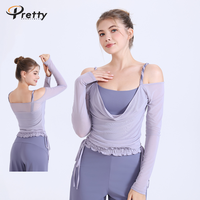 Haut de yoga pour femme, style rétro, couleur contrastée, maille torsadée, épaules dénudées, haut de yoga en spandex, col plissé, manches longues, soutien-gorge intégré, haut de sport à séchage rapide