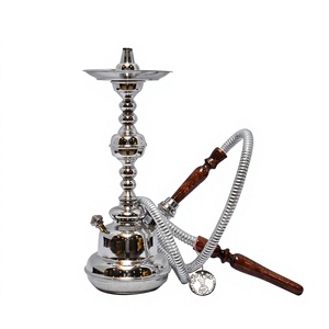 Authentique chicha égyptienne Khalil Mamoon, mini chicha classique en métal argenté, fabriquée à la main, avec tuyau (51 cm) - Product Image 1