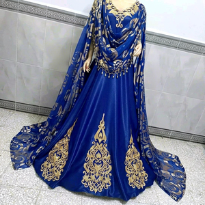 Superbe Robe de Mariée Traditionnelle Fergani Bleu Doré Brodé Longueur Ras du Sol en Crêpe Banane à Séchage Rapide pour Femme Coupe Classique - Product Image 1