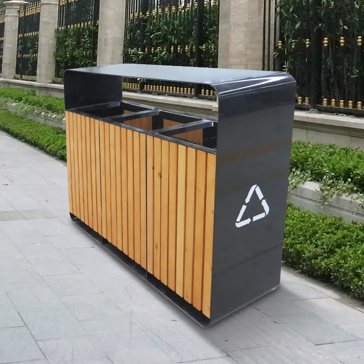 Factory Trash Can Outdoor Dustbin Public Metal Recycling Bin 3 Compartments public area garbage bin