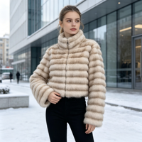 Veste Courte en Fausse Fourrure à Rayures Horizontales pour Femme, Vêtement d'Extérieur Court, Marque Privée, Matière Personnalisée, Écologique