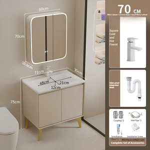 Moderno Lavabo de Cerámica Integrado de 70 cm con Espejo <span class=keywords><strong>y</strong></span> Gabinete con Iluminación LED, Fácil Instalación para Apartamento - Product Image 6