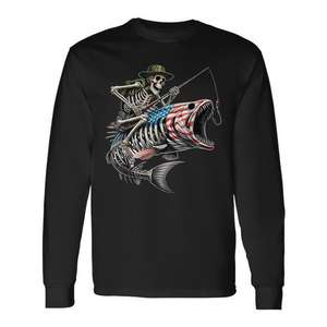 Camiseta de manga larga con diseño de calavera de pez y bandera americana para pescador - Product Image 1