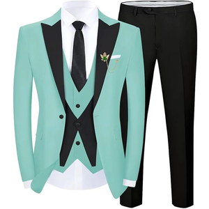 Azul Cielo negro boda esmoquin hombres traje novio moda Slim Fit <span class=keywords><strong>3</strong></span> piezas diseño conjuntos fiesta de graduación un botón Blazer chaleco Pantalones - Product Image 2