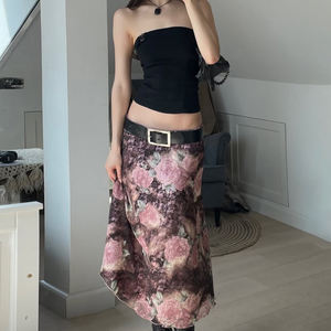 Jupe midi élégante à taille basse avec imprimé rose vintage, patchwork de dentelle et double couche de tulle, coupe ajustée - Product Image 6