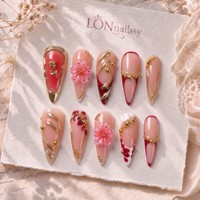Lot de 10 faux ongles à presser, longs, pointus, style stiletto, courbés, faits main, français, en PMMA, couvrance totale, 3D, double embossage