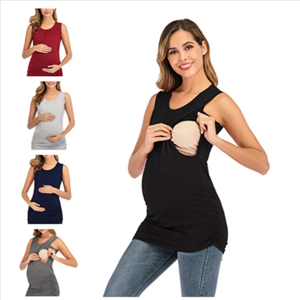 Kaus Tank Top Ibu Menyusui untuk Wanita, Kaus Kehamilan Tanpa Lengan Lapisan Ganda untuk Ibu Menyusui