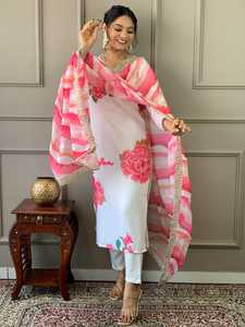 Vêtements ethniques de qualité supérieure ensemble de bas de Kurta en mousseline pure avec Dupatta séquence codage broderie travail femmes costumes - Product Image 5