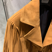 Veste courte en daim véritable à franges, style western cowboy, à nouer devant, en cuir véritable de mouton, avec pompons