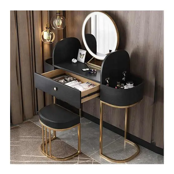 Luxury wooden dressing table with mirror and gold legs minimalist multi-functional make up vanity