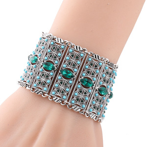 Bracciale Rigido Largo in Stile Etnico con <span class=keywords><strong>Perline</strong></span> Argento Blu e Rosso Vino <span class=keywords><strong>per</strong></span> Donne, Cornice in Metallo Retrò Anticato - Product Image 2