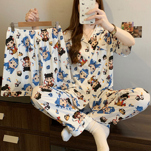 Moda Estiva: Completo <span class=keywords><strong>Pigiama</strong></span> da <span class=keywords><strong>Donna</strong></span> a 3 Pezzi con Maniche Corte, Adorabile, Casual ed Elegante per il Relax - Product Image 6