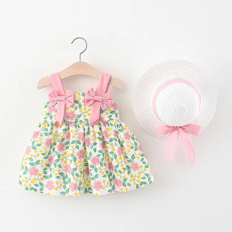 Koreanische süße Bogen blätter Designs Baby Girl Kleid Sommer ärmelloses Kleid Hut Baby Kleid