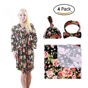Set 4 Pezzi: <span class=keywords><strong>Camicia</strong></span> <span class=keywords><strong>da</strong></span> <span class=keywords><strong>Notte</strong></span> Premaman con Stampa Floreale, Kimono, Coperta per Neonato, Fascia per Capelli e Cappellino - Product Image 3