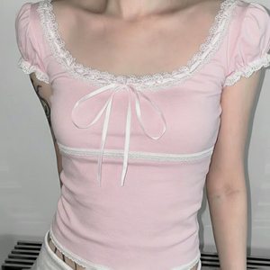 Camiseta de Manga Corta Casual para Mujer, Estilo Y2K, Dulce y Linda, con Adornos de Encaje y Lazo, Venta al por Mayor - Product Image 2