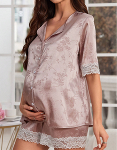 Ensemble de pyjamas de luxe en soie pour femmes, vêtements de maternité en soie avec dentelle, pyjama de maternité à col en V avec plis jacquard - Product Image 4