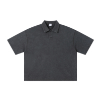 Korte, boxy fit, vintage acid wash streetwear poloshirt met custom logo zeefdruk, gewassen donkergrijs, ademend, blank T-shirt