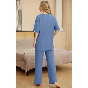 CustomWomens <b>Pajamas</b> <b>Set</b> 2 Piece Short Sleeve Top Long Pants Soft Loungewear With Pockets - Product Image 6