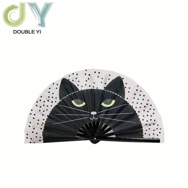 Custom High Quality Cartoon Cat Big Size Kongfu Fan Bamboo Folding Hand Fan