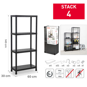 <b>Stack</b> 4 <b>Shelf</b> Shelving Black 60x30x140 Cm Plastic Home Storage Garage Organization Durable Reusable - Product Image 1