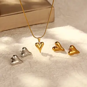 Gold Chunky Hoop Women'S Jewelry Stainless Steel Heart Pendant Necklace Earring For Women Gifts