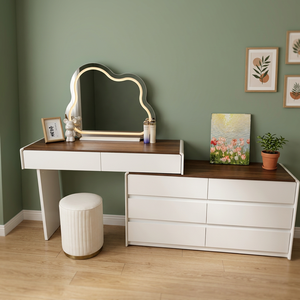 Modern Makeup <b>Vanity</b> <b>Table</b> with Lighted <b>Mirror</b> White MDF Storage Desk for Bedroom Furniture - Product Image 3