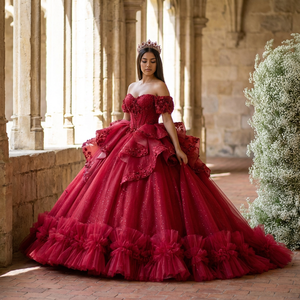 Sweetheart Neckline Coral <b>Red</b> Quinceanera Dress Sleeveless Sweet 15 Dress Ruffle <b>Sequined</b> Tulle Princess Dress Dy6849 - Product Image 1