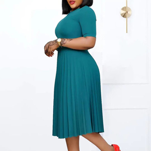 Robes de travail grandes tailles, robes plissées élégantes, robe midi en coton à col rond et coupe trapèze, robe décontractée et confortable pour femme de bureau. - Product Image 3