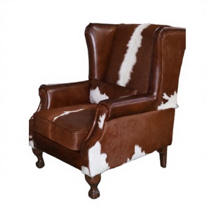 Vintage Brown Genuine Leather Midcentury Modern Dining Living Room <strong>Wing</strong> <strong>Back</strong> Accent <strong>Chair</strong> with Solid Hardwood Frame - Product Image 5