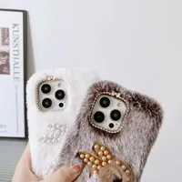 Adorable Coque Téléphone Hivernale Chaude Entièrement en Peluche Douillette Motif Lapin à Perles pour iPhone 16 15 14 13 Mini 12 Pro Max 11 Xs Xr 7 8 Plus