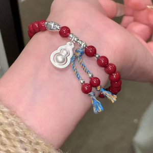 Sterling Silver Gourd Charm <b>Bracelet</b> With Garnet <b>Beads</b> Tassel Design Unisex Gift Jewelry - Product Image 4
