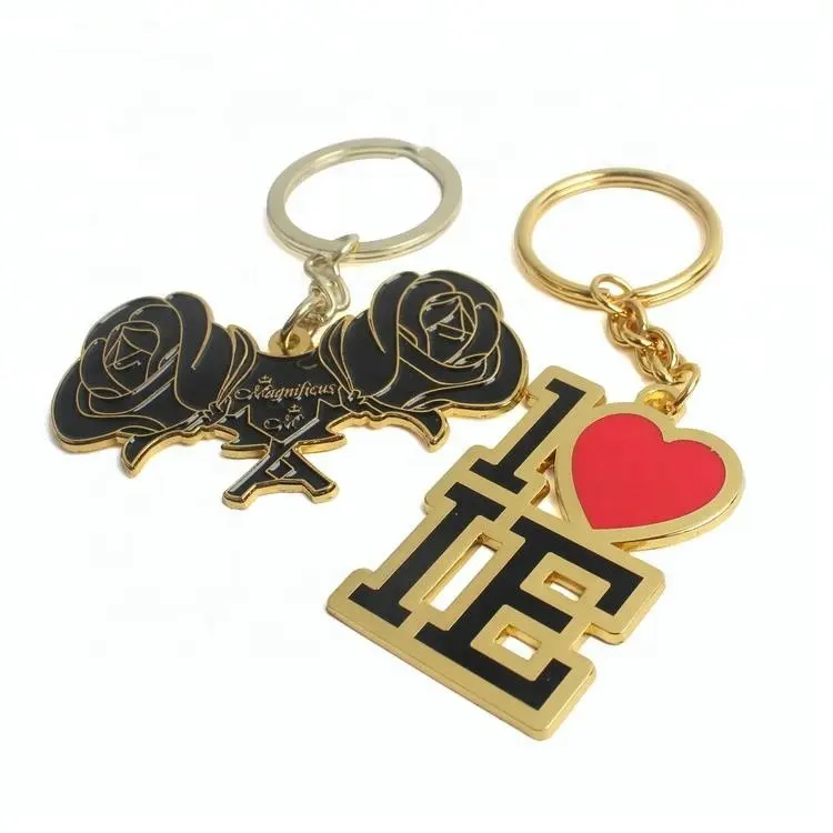 Supplier Plated Paint Unique Custom Kawaii Love Heart Shaped Logo Metal Flower Keychain with Words