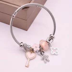 Sweet Gift Pink Enamel Flower Beaded Joyas Brass Cross Bear Heart Dangle Charm Cable Bracelet