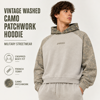 Sweat à capuche personnalisé OEM à manches raglan pour homme, style vintage délavé à l'acide, avec empiècements camouflage contrastants, design streetwear, pull à capuche