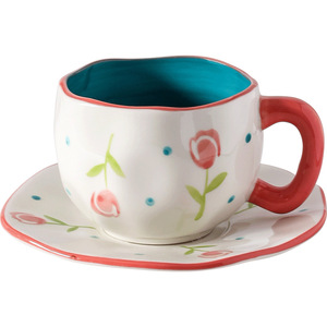 Ensemble de tasses à café en céramique irrégulières façonnées à la main, motifs floraux/à carreaux/nuages peints à la main, tasses de petit-déjeuner multicolores - Product Image 6