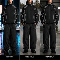 Conjunto de chándal para hombre con chaqueta con capucha y cremallera completa con ribetes en contraste y pantalones jogger, de tejido de caparazón oversize, estilo streetwear, fabricación personalizada