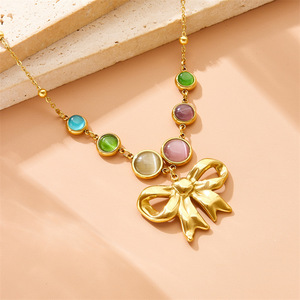 Fashion Pendant Necklace Gold Plated Bow Angel Chain Colorful Gemstone Stainless Steel Party Jewelry - Product Image 2
