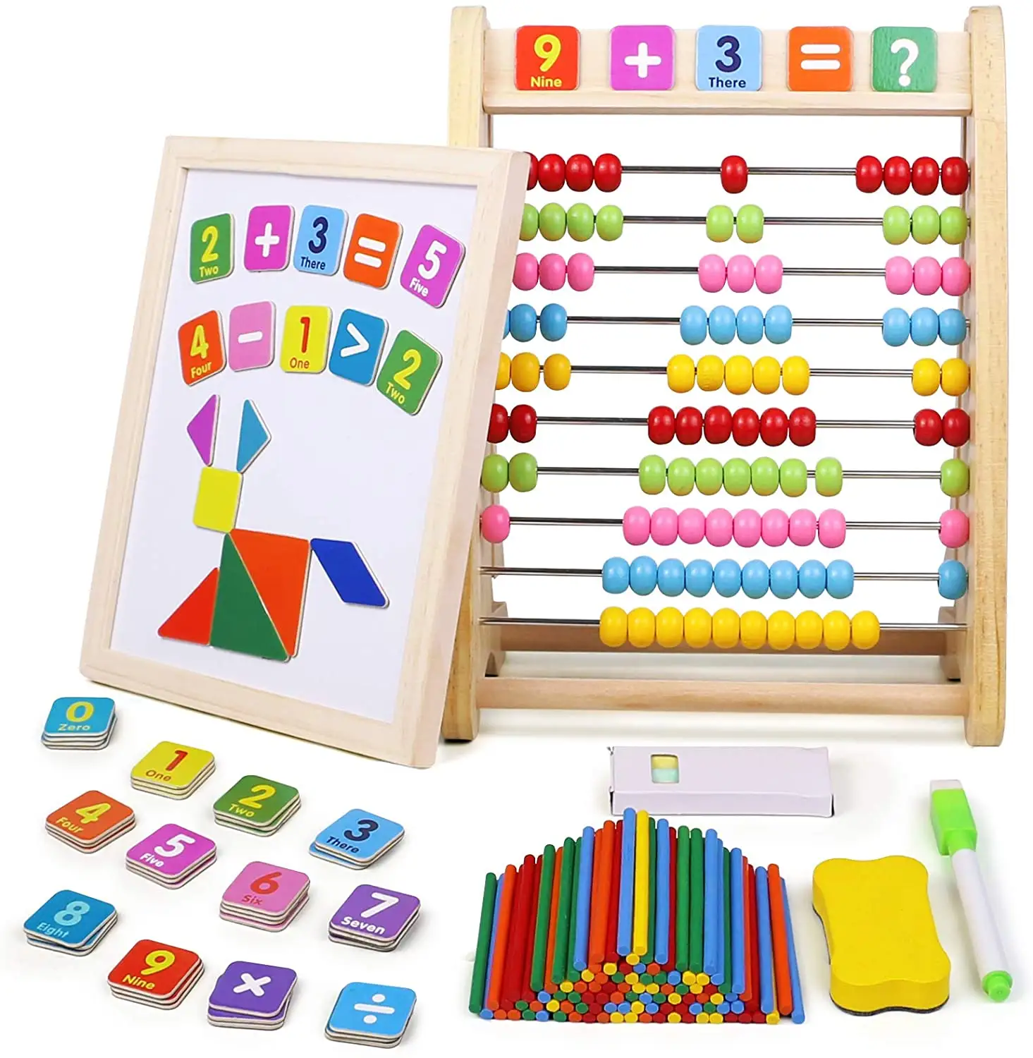 木製教育玩具モンテッソーリ数学アルファベットビーズそろばん付き磁気製図板