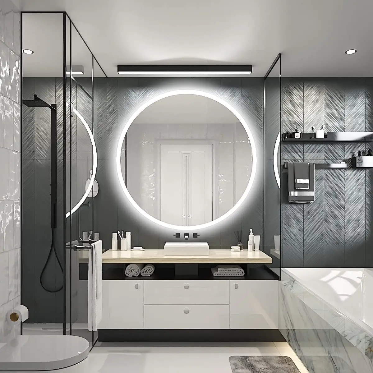 Miroir de vanité de salle de bain rond et intelligent, série de styliste de Style moderne avec barre lumineuse à capteur LED, vente directe d'usine