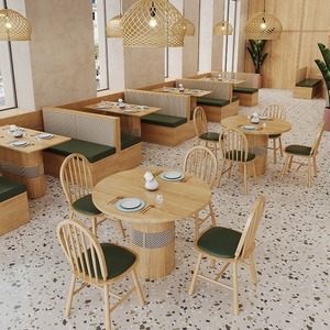 Sistema de Mesa y Sillas para Restaurante Estilo Japandi Natural, Asientos con Respaldo de Mimbre, Sillas Semicirculares en Forma de C, Sofá para Restaurante - Product Image 5
