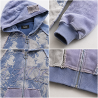 TaiDe Hoodie zippé 480GSM, certifié Sedex, délavé à l'acide, patchwork, broderie motif ange Renaissance, bords bruts, coupe oversize, streetwear, ODM