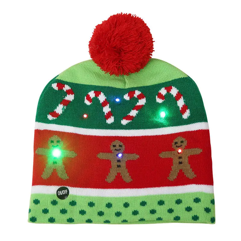 Topi Sinterklas kustom topi Natal dengan lampu Led atas topi Natal topi Beanie rajutan