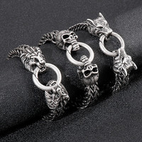 12 ans d'expérience en usine, vente en gros, Bracelet de crâne en acier inoxydable, Double rangée, Bracelet de chaîne à maillons français avec fermoir à ressort