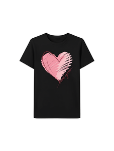 T-Shirt Nera da Donna con Stampa Cuore, Maniche Corte, Girocollo, Casual, Primavera Estate, 100% Cotone Jersey, Comoda, Vestibilità Regolare - Product Image 1