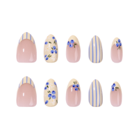Kuku Palsu Minimalis Warna Kontras Biru dan Putih, Kuku Palsu Almond Blueberry Segar Grosir