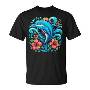 T-Shirt Unisex con Stampa Digitale di Delfini e Fiori, Collo Tondo, Manica Corta, Nera, per Uso Promozionale - Product Image 1